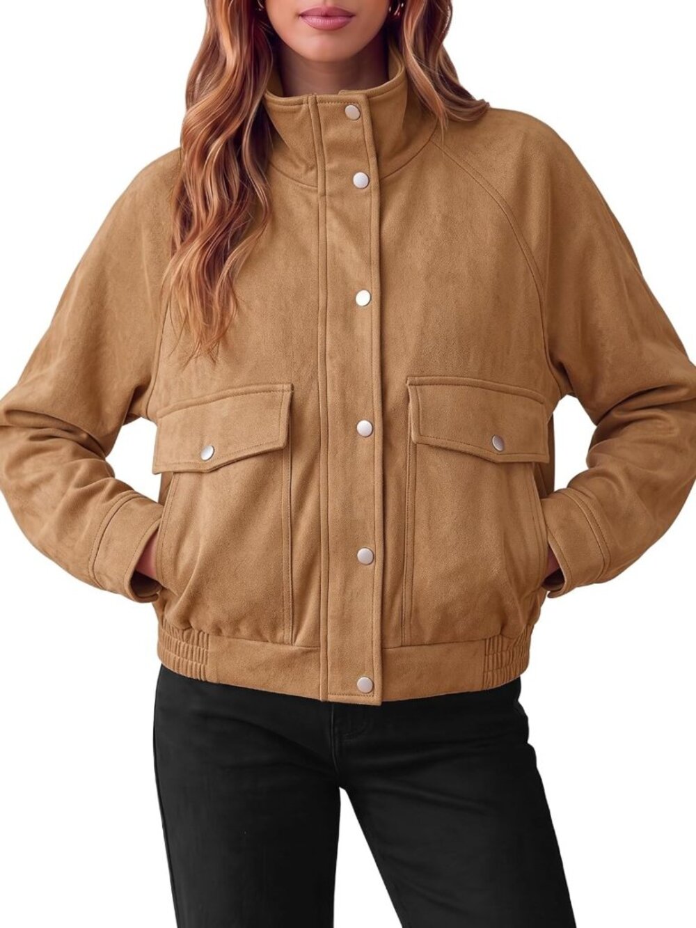 Chic Faux Suede Bomber Jacket for Women - Stand Collar, Zip Up, Stylish Coat